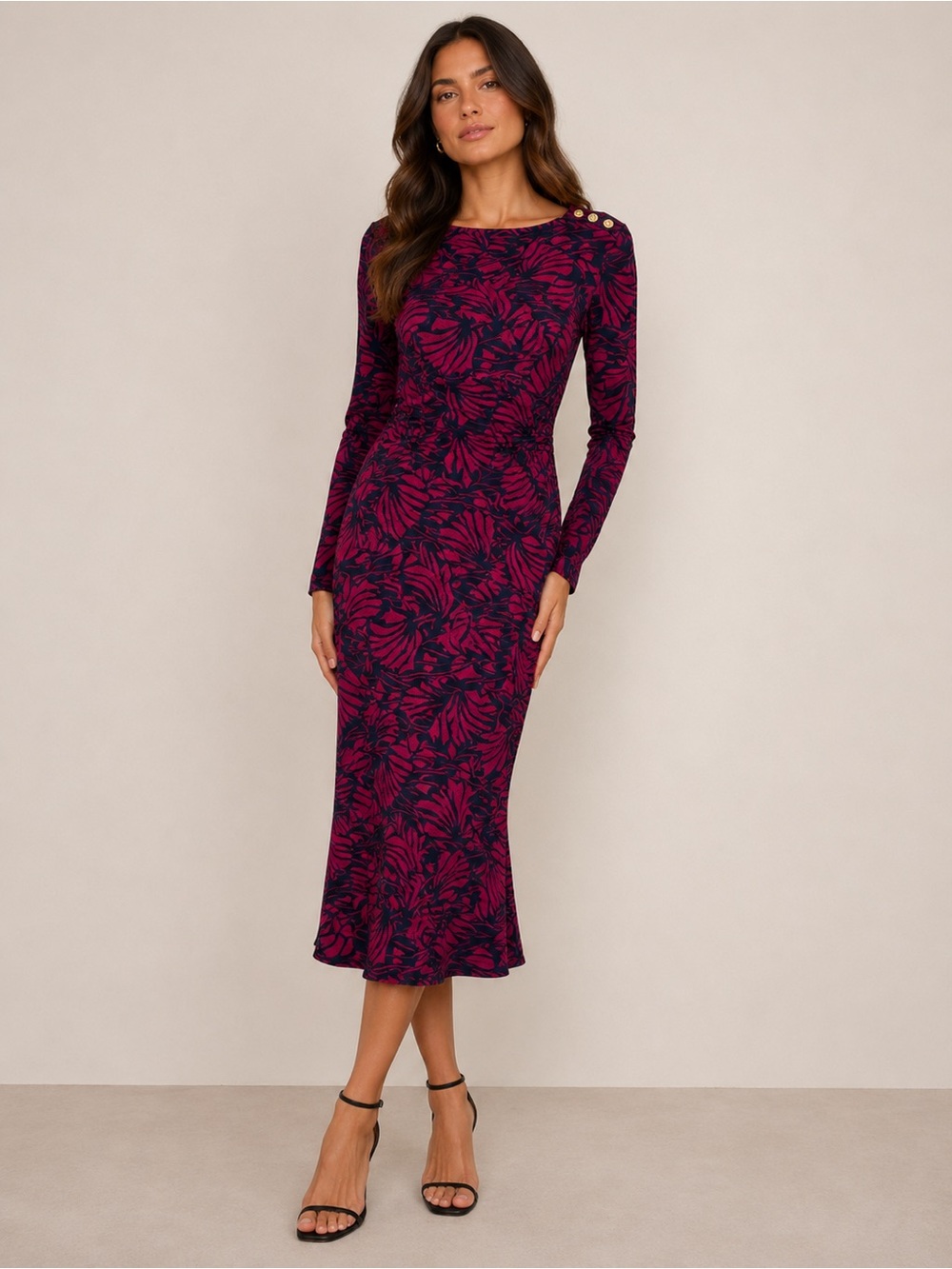 Tory Burch Long-Sleeve Floral Midi Dress in Berry and Navy